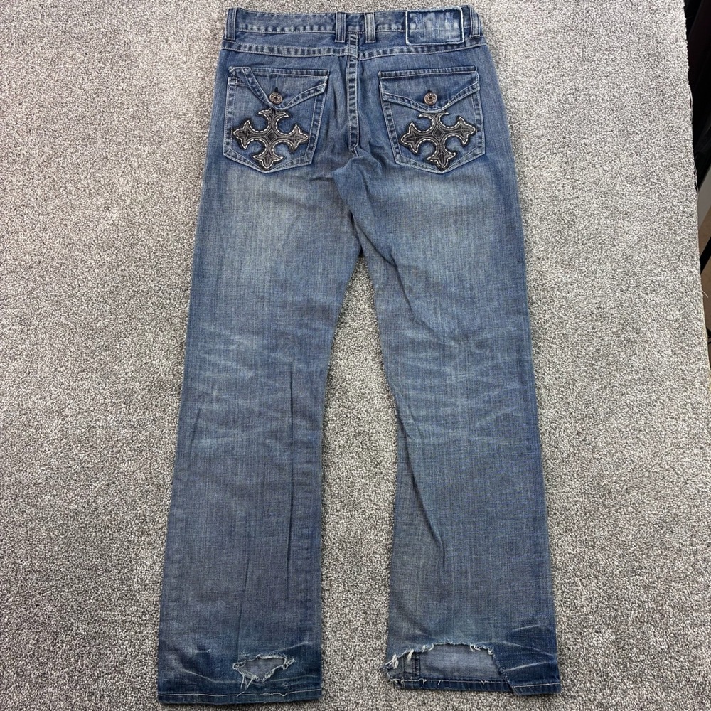 Y2K Helix Cross Jeans Mens 34x34 Blue Bootcut Denim Cross Patch Embroidered